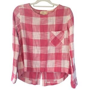Cloth & Stone Top Women's Sz S Pink White Check Button Back Linen Blend Cottage
